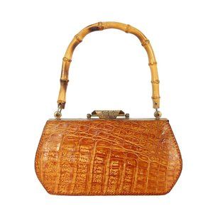 VINTAGE ALLIGATOR 40's 50's Bamboo Handle Kisslock Hardframe Mini Bag
